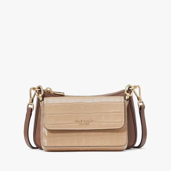 ♠️Kate Spade Double Up Croc Embossed Crossbody Bag, Warm Acorn NWT - Picture 1 of 7